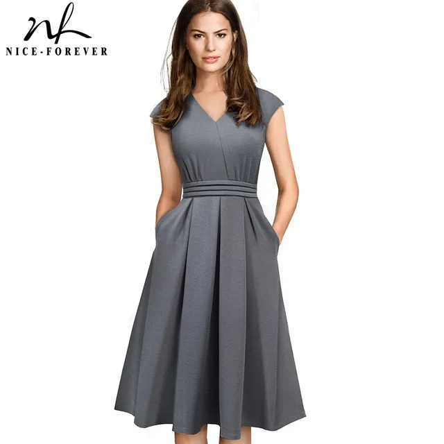Nice-forever Brief Elegant Solid Color Sleeveless vestidos with Pocket A-Line Women Flare Dress A196 1