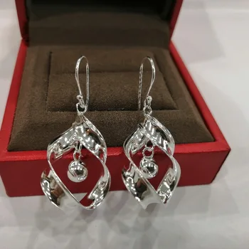 

Real Sterling S925 Silver Earrings Women Luck Wave Dangle Earrings 34x18mm