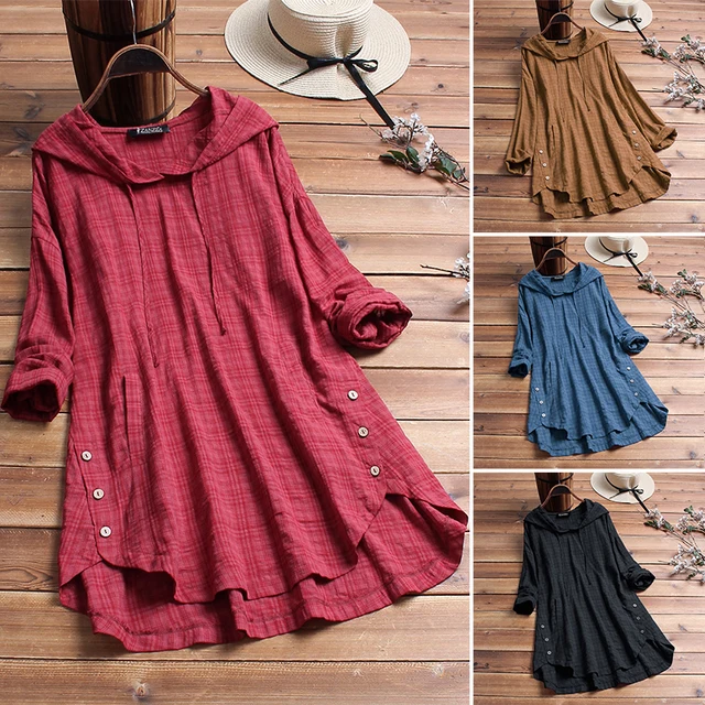 US $12.56 Plus Size Linen Shirt Womens Summer Autumn Blouse 2020 ZANZEA Long Sleeve Shirts Female Button Asym