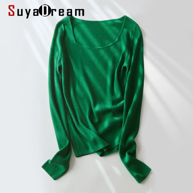 SuyaDream Women Wool Sweaters 2021 Winter Wool Blend Ribs Square Collar