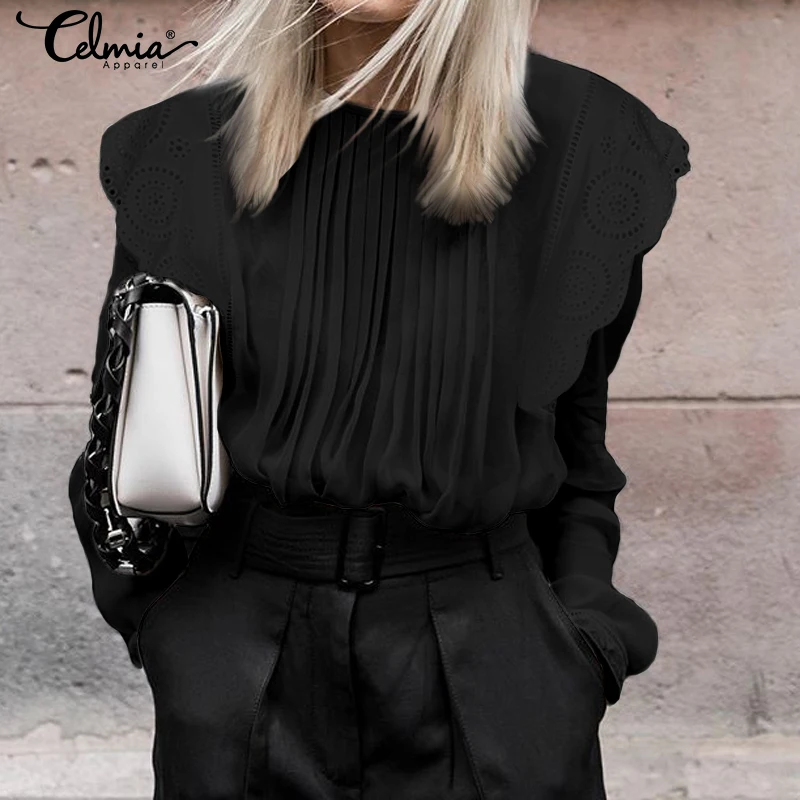 Women Embroidered Ruffles White Blouses Lace Shirts Celmia Transparent Elegant Long Sleeve Pleated Casual Loose Chiffon Tops 5XL