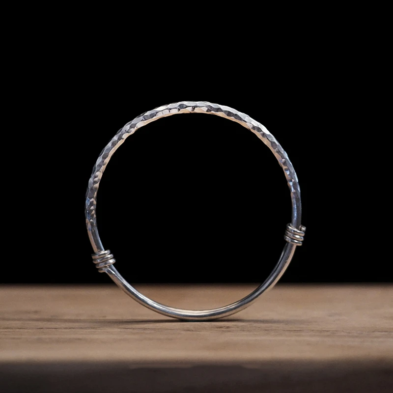 925 Sterling Silver Personality Plain Hammer Corrugated Solid Bracelet Simple Pit Push-pull Handmade Ladies | Украшения и