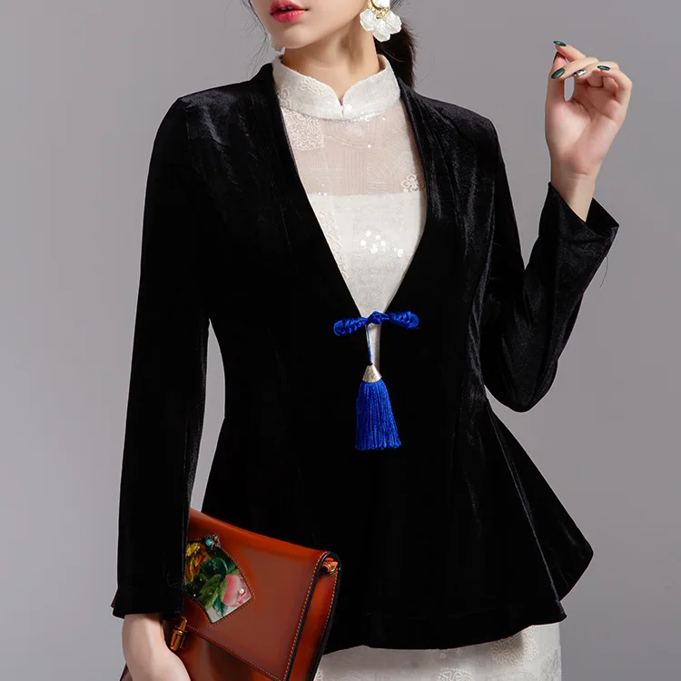 

Zeho Hall Origional Design High-End Black And White with Pattern Velvet Suit Collar Elegant Short Coat Zen Service Tea Service W