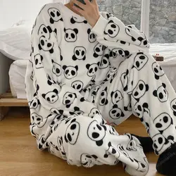Fernan Kawaii Panda Print Pijama Women Cute Cartoon Print Winter Warm Pajamas 2 Pieces Female Set Sleepwear Pyjamas Home Suit
