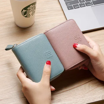 

Anti-theft Wallet Leather Multifunctional Buckle First Layer Lychee Pattern Cowhide Leather Lady Card Wallet Zip Fastener 2020