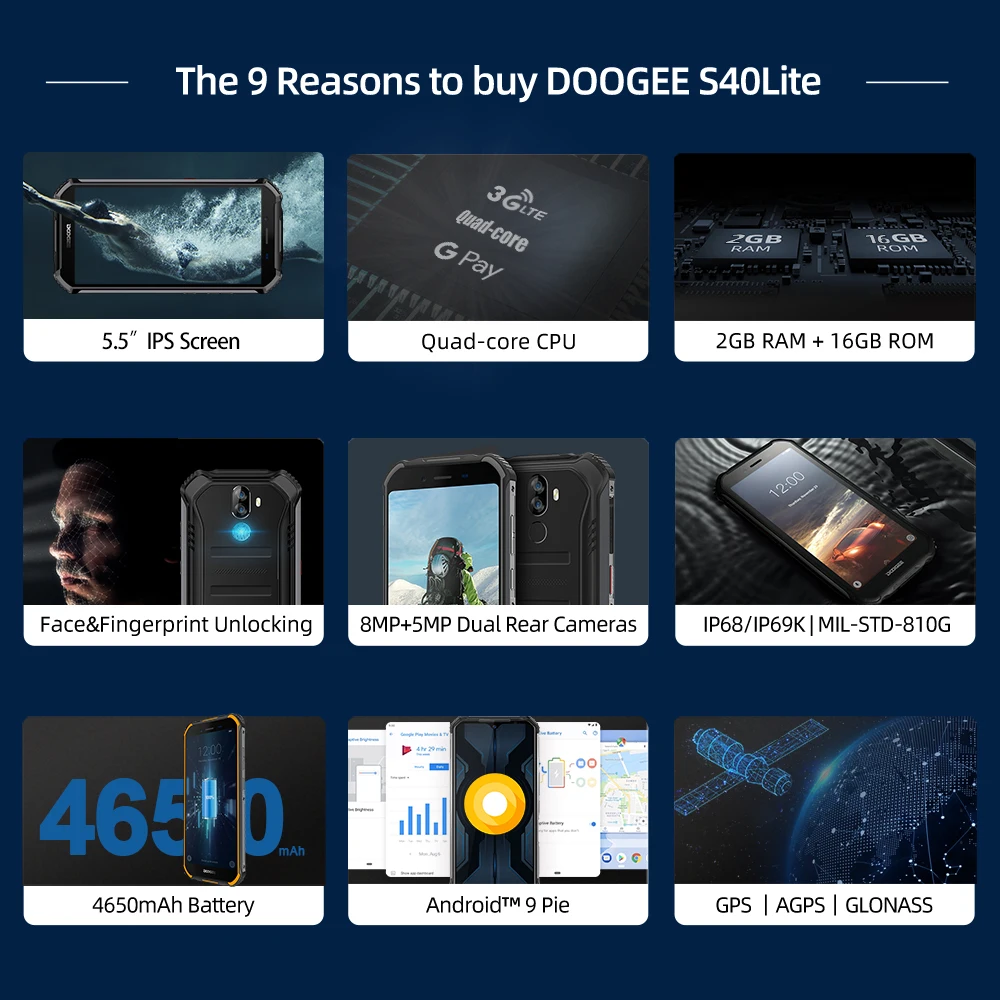 IP68 DOOGEE S40 Lite Rugged Phone Mobile Phone 5.5inch Display 4650mAh 8.0MP Fingerprint Quad Core 2GB 16GB Android 9.0