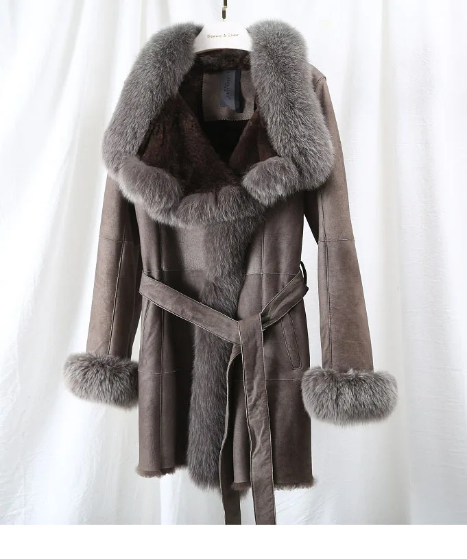 Роскошная женская меховая куртка из натуральной овечьей шерсти мериноса, верхняя одежда, теплая Двусторонняя Натуральная овечья шерсть, пальто, воротник из лисьего меха, пояс