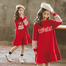 Бархатные платья для девочек; сезон весна-осень; детское красное платье с длинными рукавами в Корейском стиле; одежда для подростков и студентов; утолщенная цельнокроеная одежда; P365