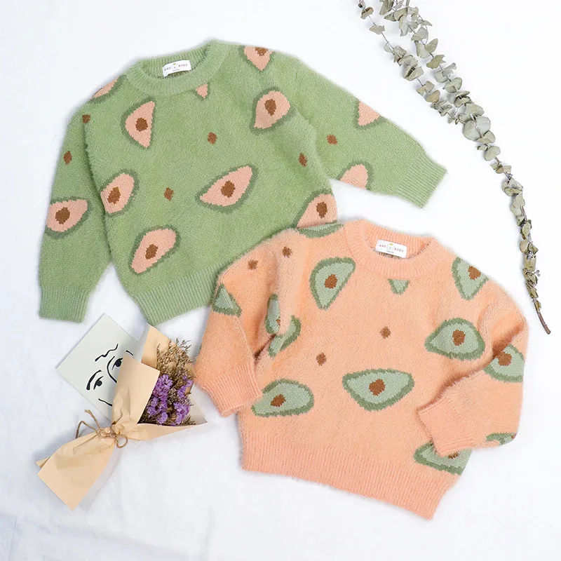 Новая детская одежда в Корейском стиле на осень и зиму Детский свитер для девочек с принтом в виде масла ши и фруктов из меха норки, футболка
