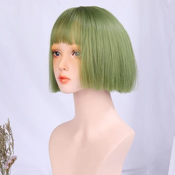 

JINKAILI Short Straight Wigs for Black Women Synthetic Hair Green Wigs With Bangs Heat Resistant Cosplay Wig