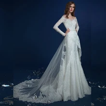 Свадебное платье русалки с длинным рукавом и кружевной аппликацией, со съемным шлейфом, украшенным бисером и кристаллами, Vestido De Noiva Sereia