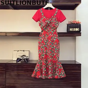 

Perfect Quality L-4XL Plus Size Two Piece Set Red Pullover T Shirt Vintage Floral Ruffles Mermaid Dress Ropa Mujer Korean Sets