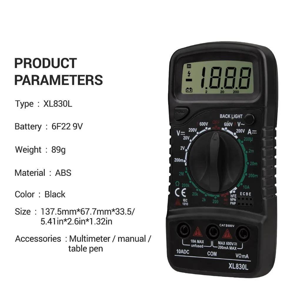 XL830l Цифровой мультиметр ESR метр тест ers Автомобильный Электрический DMM транзистор пиковый тест er измеритель емкости 2 тестовая линия