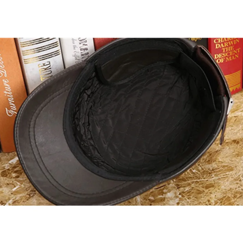 SILOQIN Genuine Leather Hat Men Women Autumn Winter Cowhide Military Hats Adjustable Earmuffs Flat Caps Motion Leisure Bone Cap