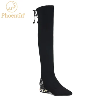 

Phoentin 2020 Overknee Boots Female Autumn Stretch Ladies Sock Boots Low Heels Black Shoes Women New Arrival Square Toe FT1292