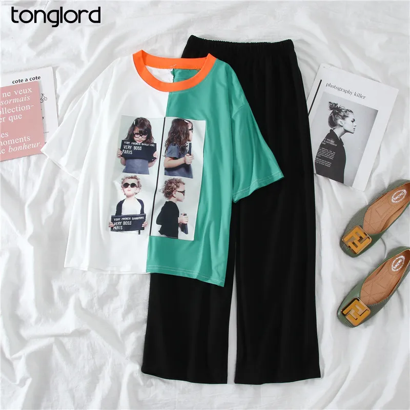 

Women's sets 2020 summer casual Character short sleeve pullovers T-Shirts loose solid high waist Wide leg pants female