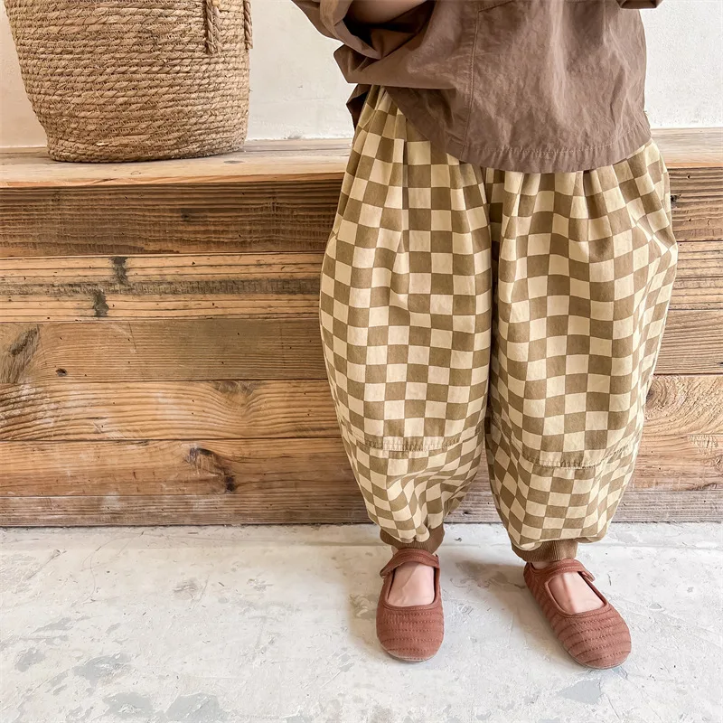 Cotton Plaid Harem Pants for Kids Autumn Casual Wear