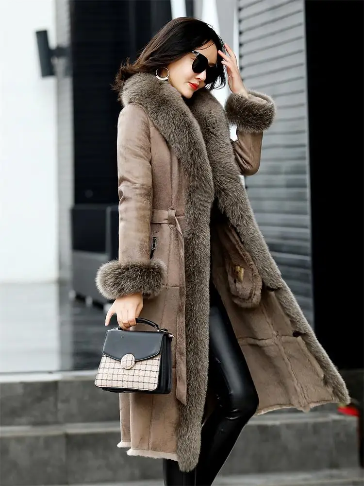New Coming Extra Comfortable Fox Collar Rabbit Fur Leather Woman's Coat Loose Warm Casual Oversize Top Quality Women Winter Coat