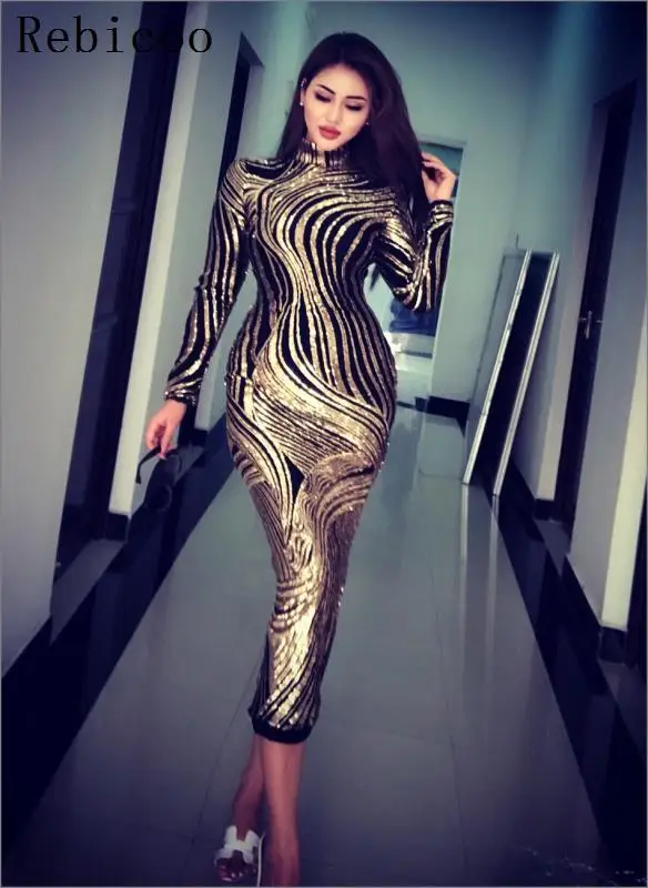 

Luxury Sequin Celebrity Golden Dresses Women Stretch Midi Dress Elegant Plus Size Long Party Dress for Prom Evening Vestidos