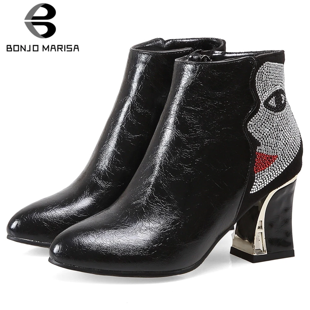 

BONJOMARISA New Hot Sale 34-48 Novelty Booties Ladies Fashion Crystal Ankle Boots Women 2019 Black OL High Heels Shoes Woman