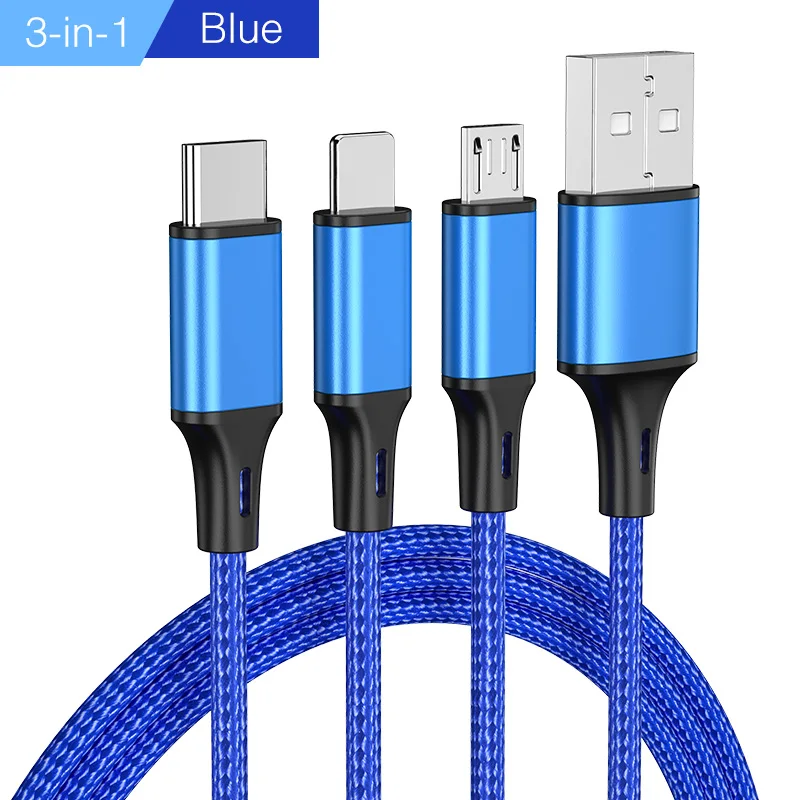 Flat Blue YKZ кабель для мобильного телефона 3 в 1 Micro USB кабель usb type-C кабель для зарядки для samsung Xiaomi huawei USB шнур для освещения - Цвет: Flat Blue