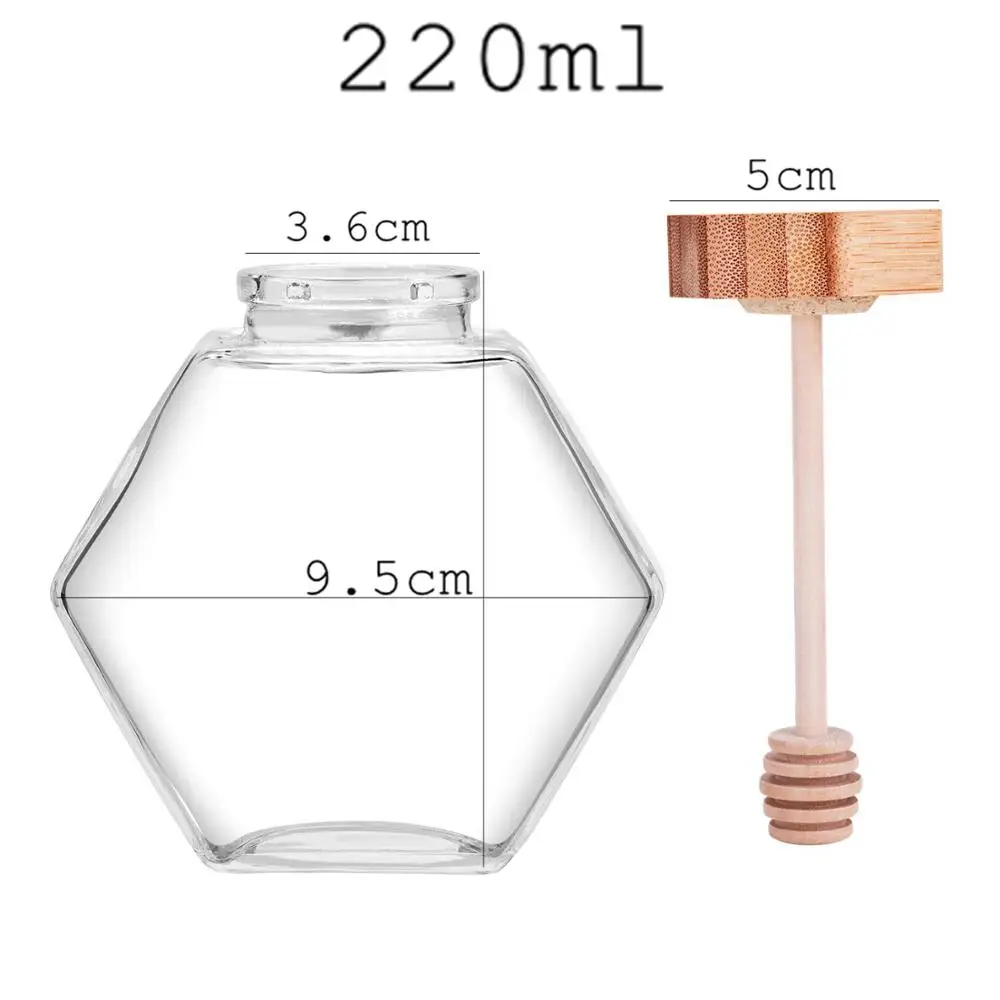 X60 Honey Pot 220ml/8oz Volume 12oz Honey Weight Hexagonal Glass Jar with Wooden Dipper Cork Lid Cover for Home Kitchen