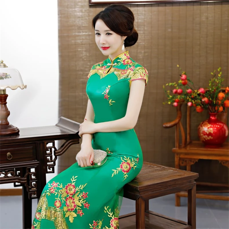 Вечерние Cheongsam Китайский традиционный стиль женское зеленое тонкое вечернее платье Qipao сексуальное Очаровательное платье ретро китайское платье