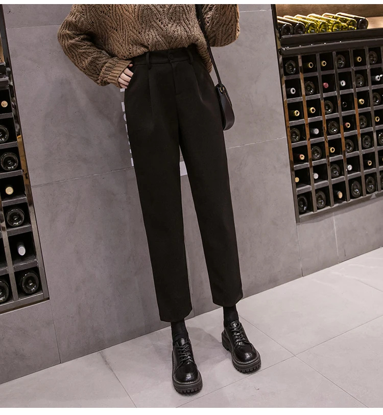 REALEFT Winter Warm OL Style Woolen Harem Pants High Waist Casual Pants Women Female Work Pants Vintage Trousers Pocket New