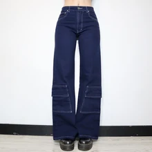 Streetwear Cargo Wide Leg Jeans Women High Waist Blue Pockets Patchwork Baggy Jeans Femme Patchwork Mom Boyfriend 2021