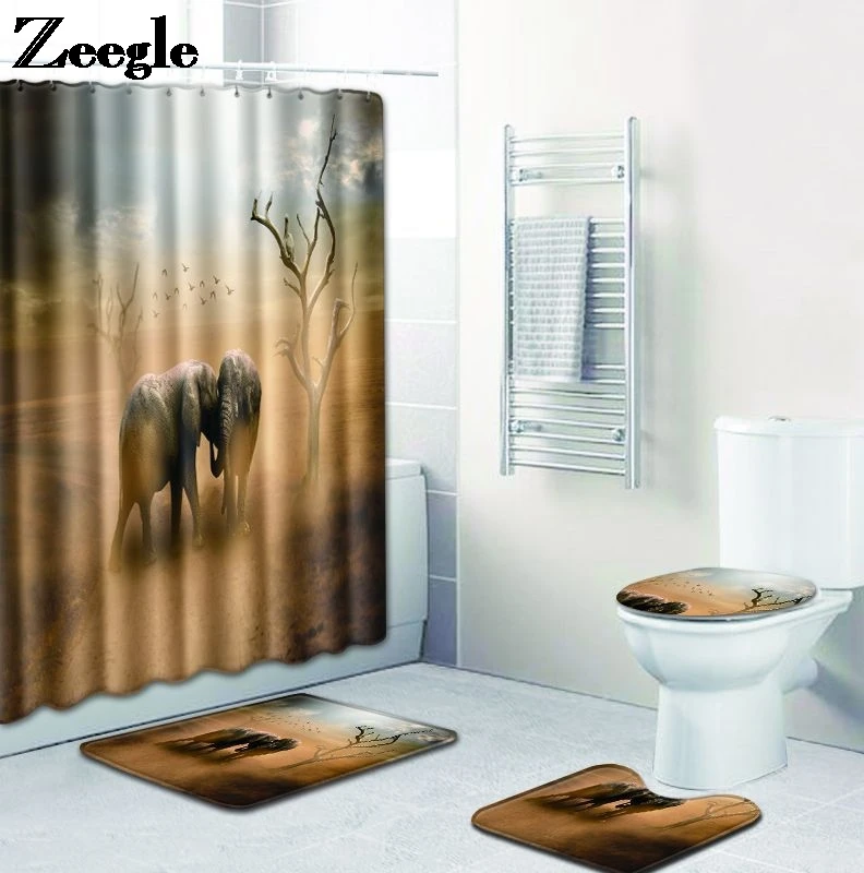 Zeegle Natural Bath Mat with Shower Curtain Set Toilet Pedestal Rug Absorbent Bathroom Doormat Non Slip Foot Mat 4pcs Toilet Set