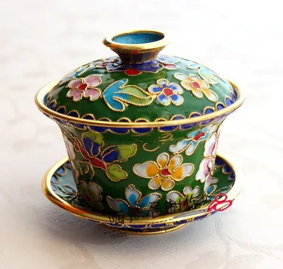 Пекин Cloisonne Крышка Чаша из трех частей чайная чаша чайный набор чашек Рекомендуемые подарочные украшения - Цвет: Зеленый