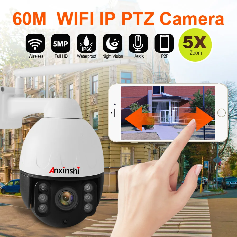 HD 5MP Открытый PTZ беспроводной IP камера водонепроницаемый IP66 металлический чехол обнаружения движения ИК ночного видения наблюдения Wi-Fi камера