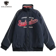 

Aolamegs Down Jacket Men Letter Embroidery Stripe Knitted Collar Cotton Parka Coat Outwear College Style All-match Winter Couple
