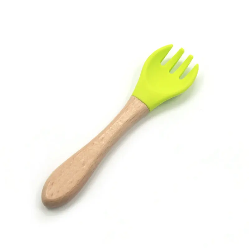 2PCS Baby Bamboo Fork Silicone Wooden Baby Feeding Spoon Toddlers Infant Feeding Accessories Organic BPA Free Food Grade Materia