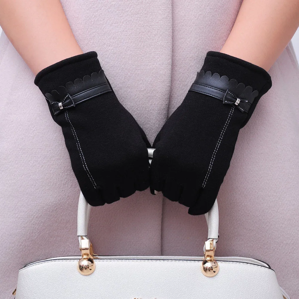 Зимние Модные женские теплые перчатки с бантом, варежки, перчатки с сенсорным экраном, теплые вязаные рукавицы - Цвет: Black