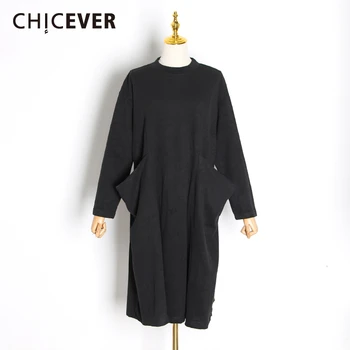 

CHICEVER Black Casual Women's Dress O Neck Long Sleeve Patchwork Oversize Loose Midi Female Dresses 2020 Autumn Fashion New