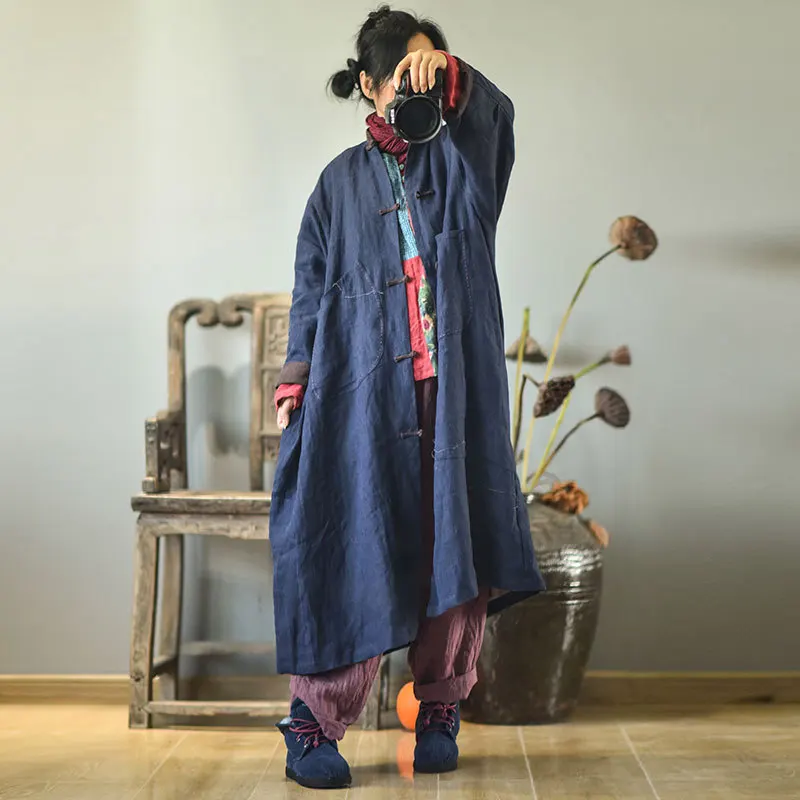 Johnature Autumn Winter Cotton Linen Retro Plate Buckle Long Sleeve Coat 2021 New Loose Comfortable Women Windbreaker | Женская одежда