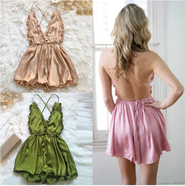

2020 new one-piece shorts Fashion sexy ruffle Appealing pajamas Sling open back loose jumpsuit Large pendulum women sexy jumpsui