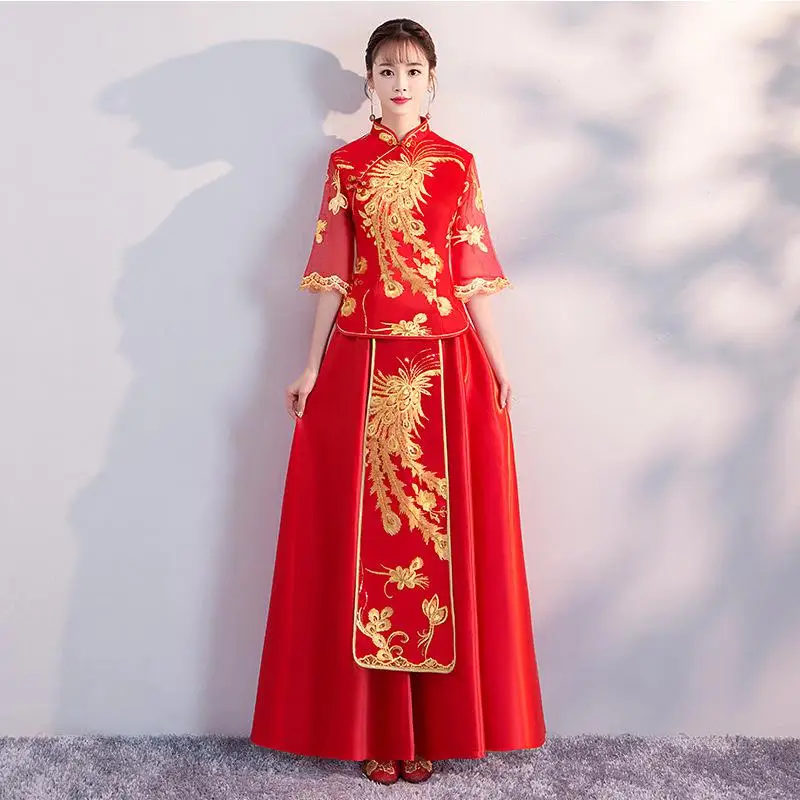 Элегантный женский китайский стиль традиционный ченсам Qipao свадебное платье невесты 2шт Топ и юбка Vestidos вечерние платья - Цвет: Formal J