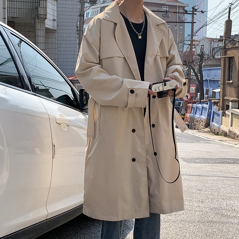 Trench Coat Men Oversize Solid Double Breasted Loose Turn-down Collar Sashes Korean Fashion