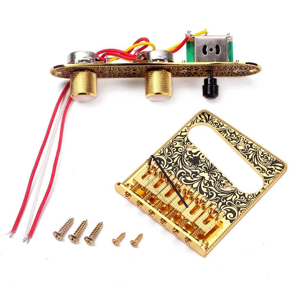 6 Saddle Top Loader Bridge with Control Plate, Screws, Wrench for Telecaster Guitar, Golden