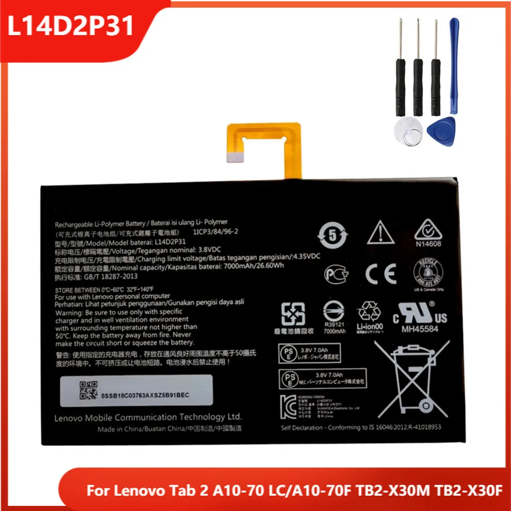 Vvsialeek Batería de repuesto L14D2P31 compatible con Lenovo Tab 2 A10-70 Tab 2 A10-70F con kit de herramientas gratuito 
