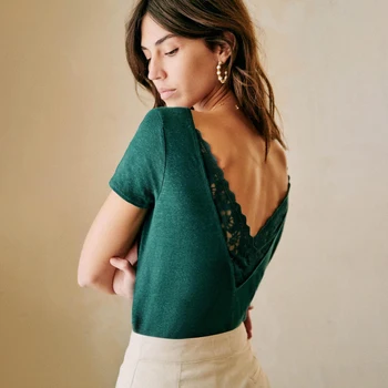 

Lace Patchwork Chic T Shirt Women 2020 Short Sleeve V neck Backless Sexy Shirts Tops Summer Elegant Vintage Loose Tees