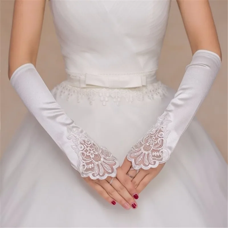JIERUIZE осенние Дешевые Свадебные перчатки без пальцев с жемчугом белого цвета и цвета слоновой кости кружевные атласные свадебные аксессуары для свадебных платьев