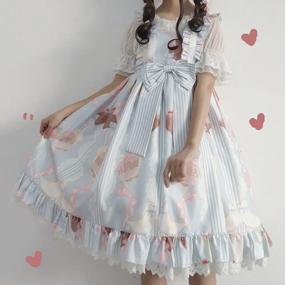 Japanese Style Kawaii Lolita Jsk Drsss Women Cute Cartoon Print Lace Bow Princess Dresses Girls Sweet Party Mini Dresses