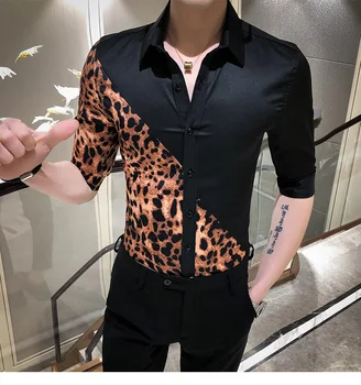 

Shirt for Man Personality Stitching Design Leopard Print Short Sleeve Blouse Male Fashion Trend Floral Shirts Summer New