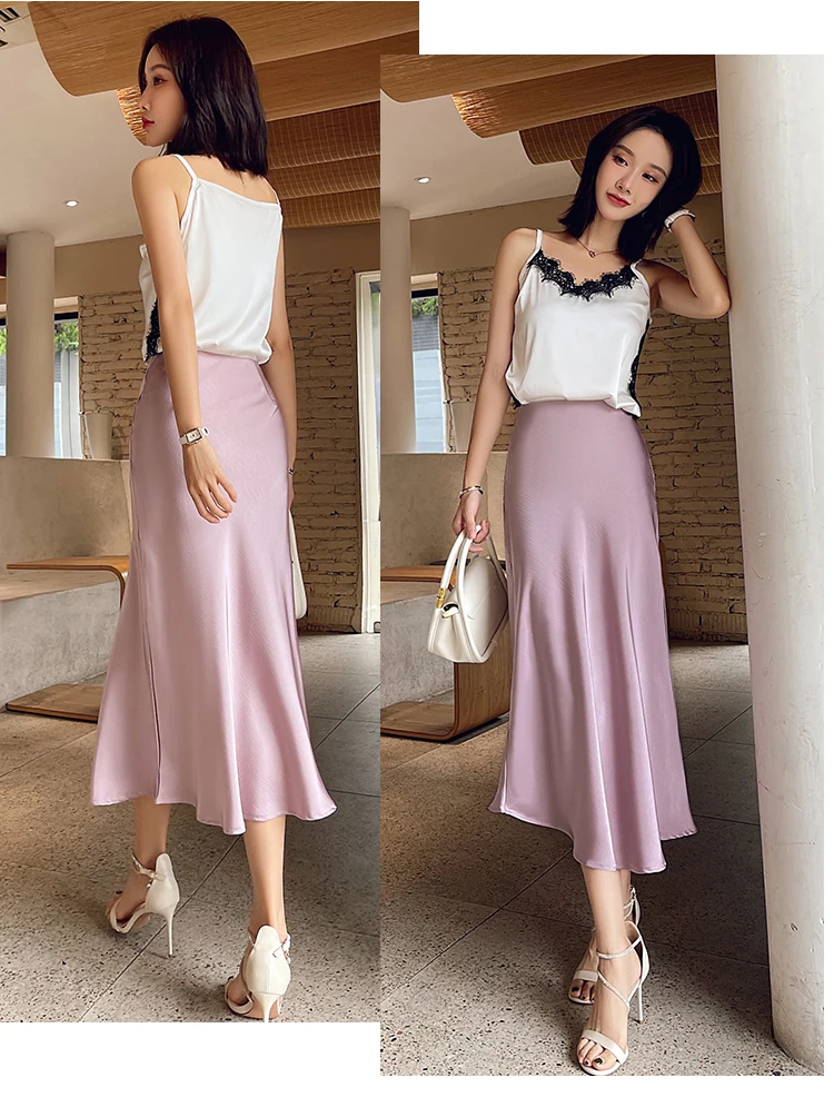 blue skirt Summer Korean Satin Woman Skirts Soild Silk Office Lady Pencil Skirt Green Midi Skirts for Women Vintage Mujer Faldas midi skirt