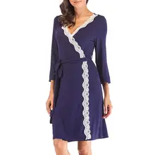Модные женские три четверти рукав кружева v-образным вырезом модал свободный ночной халат+ пояс