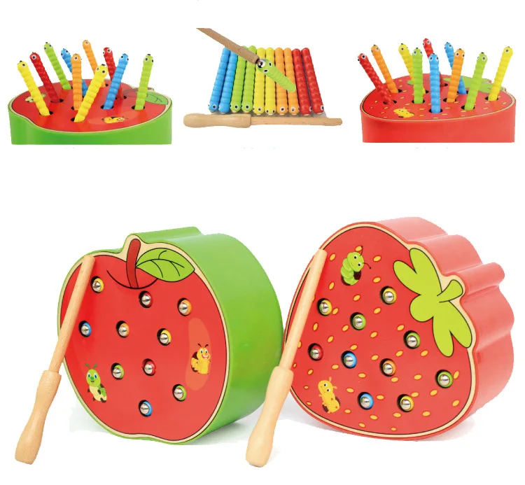 

3D Montessori Wooden Toys Caterpillar Eats The Apple Kids Catch Worms Matching Puzzle Games Early Education Interactive Math Toy