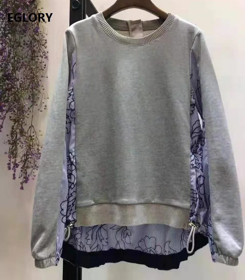 

High Quality Sweatshirts 2019 Autumn Winter Casual Pullovers Women Striped Patchwork Long Sleeve Grey Dark Blue Sweatshirts